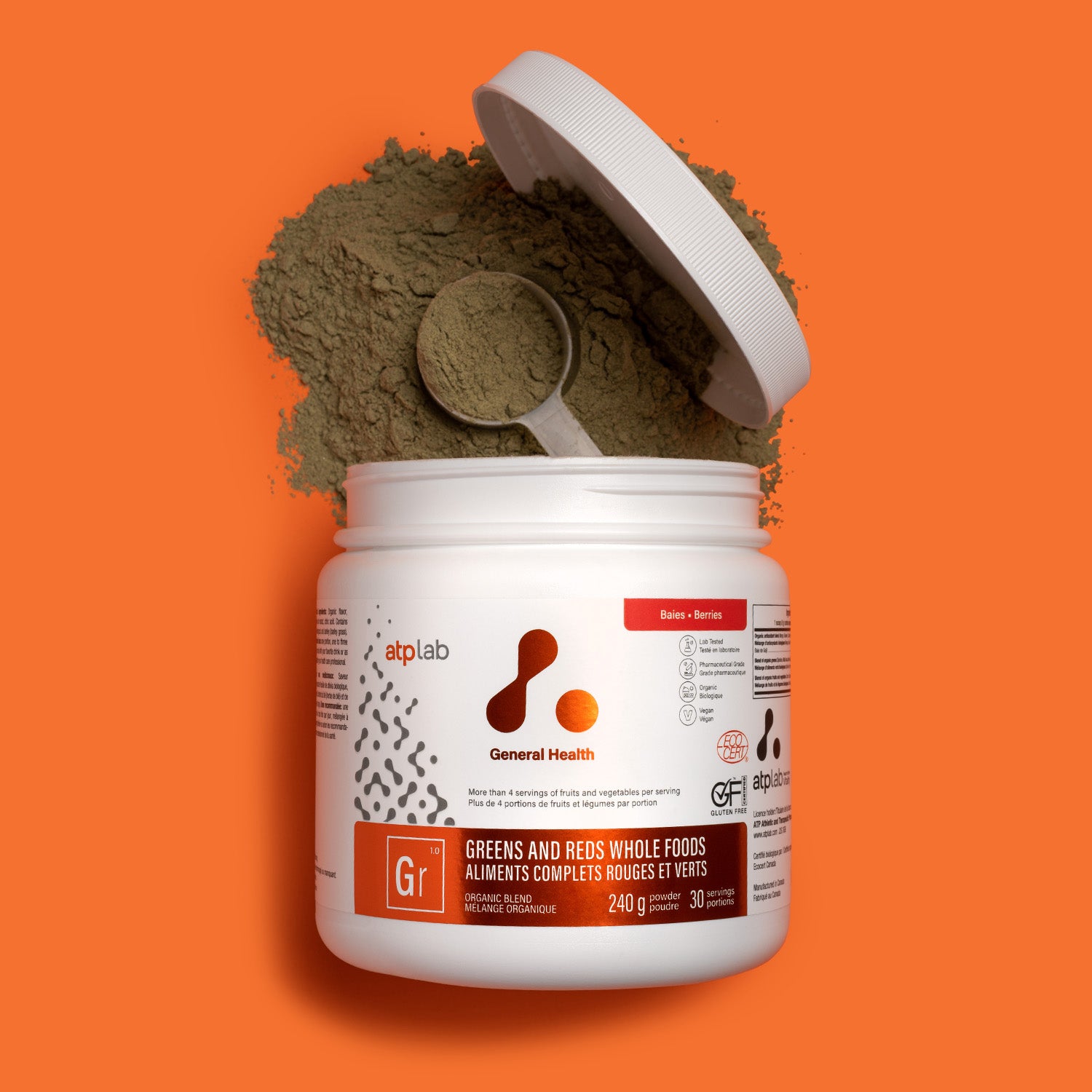 ATP Lab Greens and Reds Whole Foods - práškový superpotravinový komplex z ovoce a zeleniny s příchutí lesních plodů.