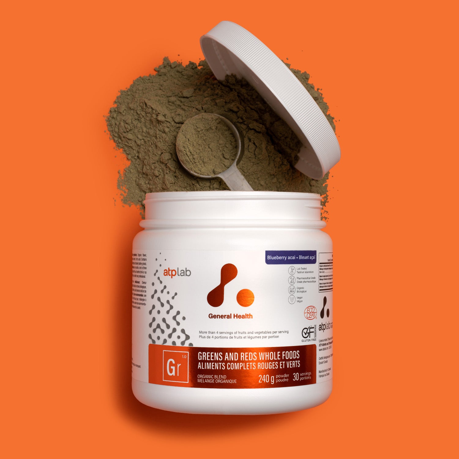 ATP Lab Greens and Reds Whole Foods - práškový superpotravinový komplex z ovoce a zeleniny s příchutí borůvky a acai.