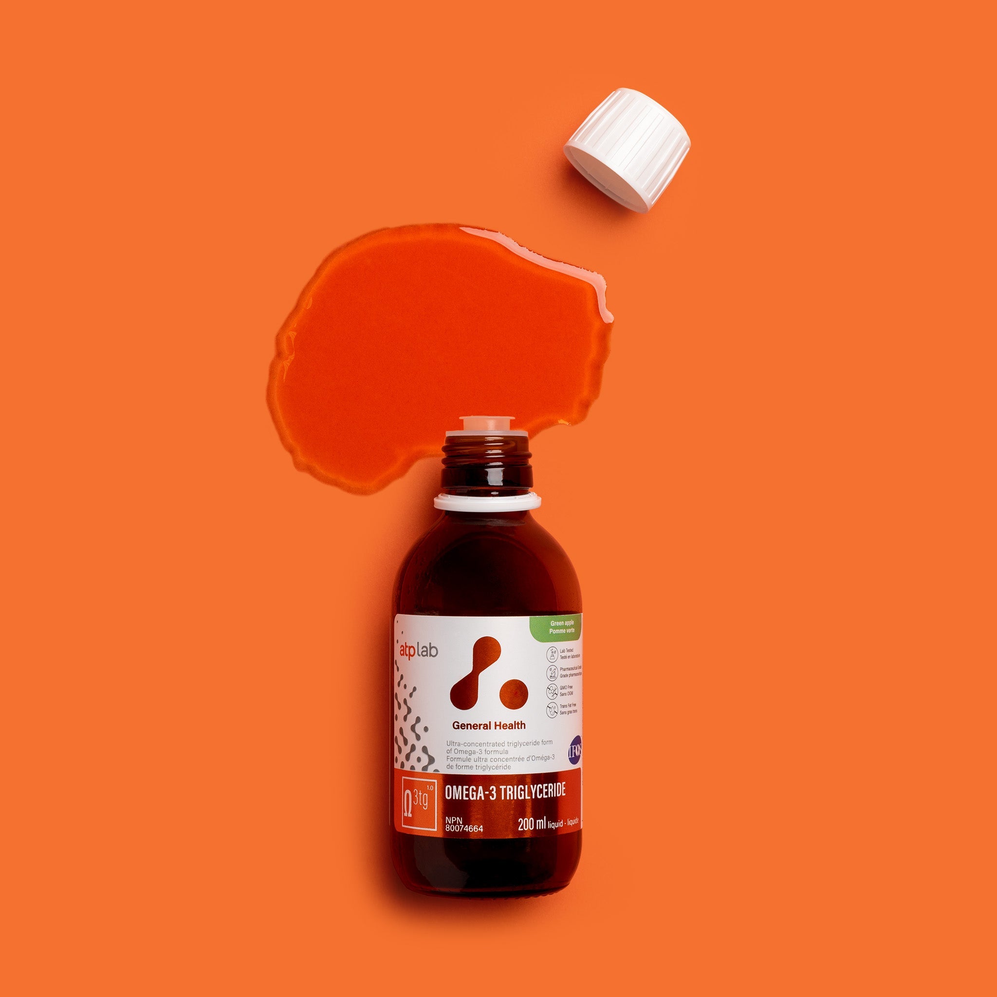 ATP Lab Omega-3 Triglyceride - tekutý rybí tuk v triglyceridové formě certifikovaný IFOS. Příchuť Green Apple