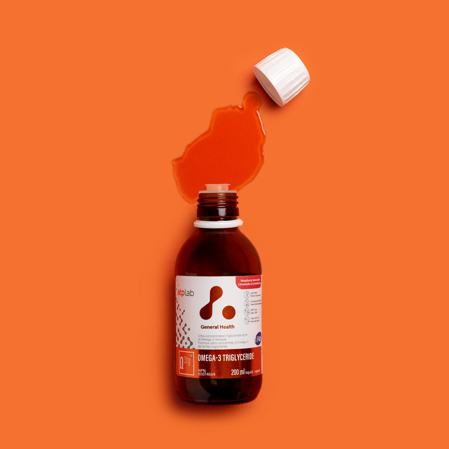 ATP Lab Omega-3 Triglyceride - tekutý rybí tuk v triglyceridové formě certifikovaný IFOS. Příchuť Raspberry Lemonade