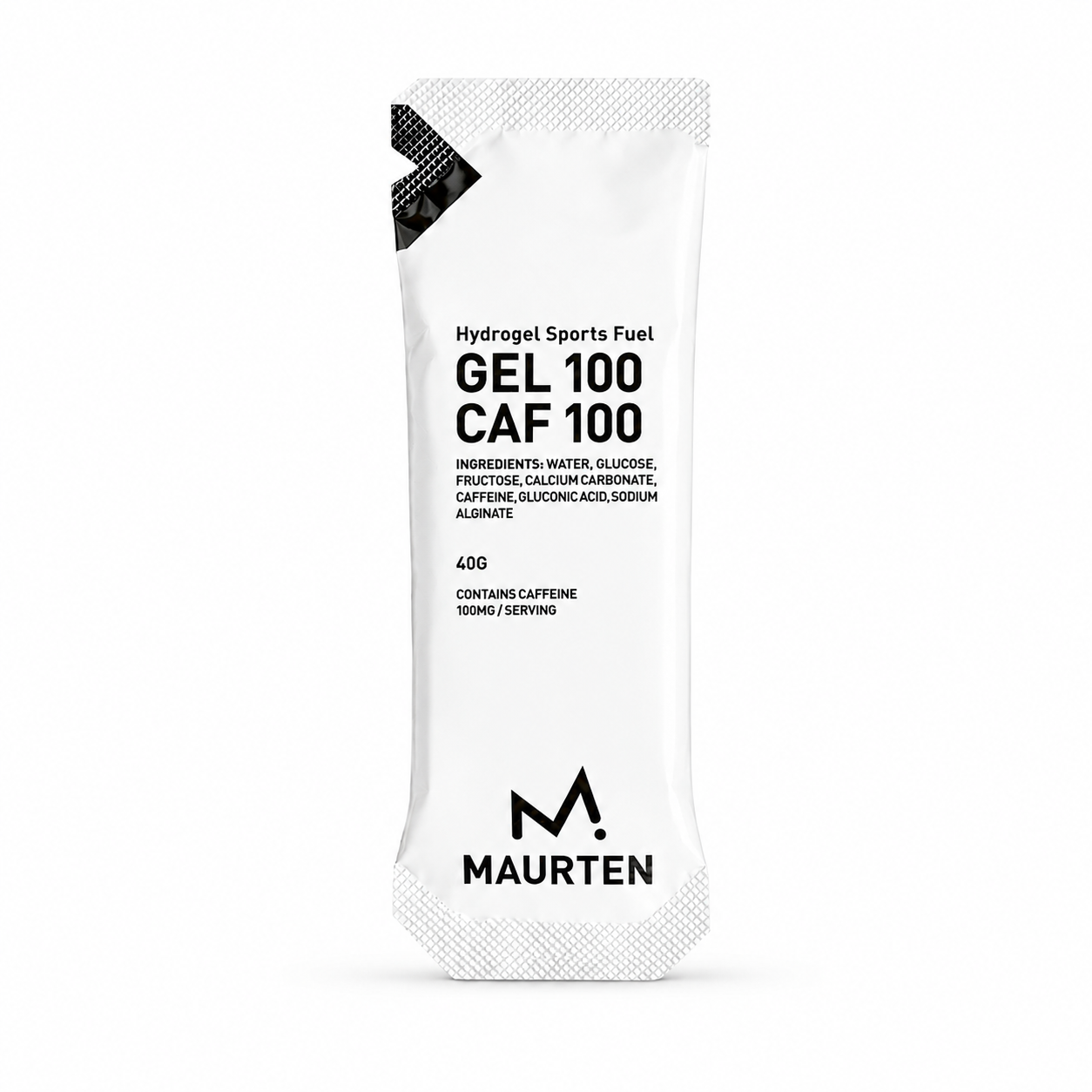 Maurten GEL 100 CAF 100 - energetický gel s kofeinem a hydrogelovou technologií v bílém obalu.