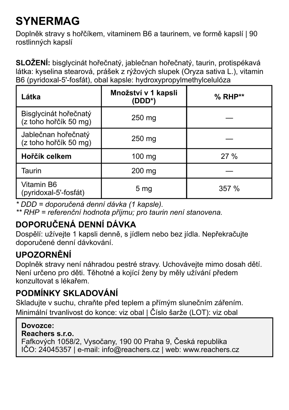Nutriční panel produktu Synermag